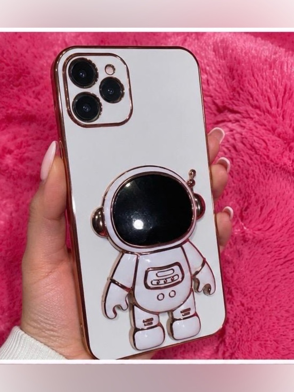 White and Gold Astronaut I Phone 11 and 13 phone Case with Stand